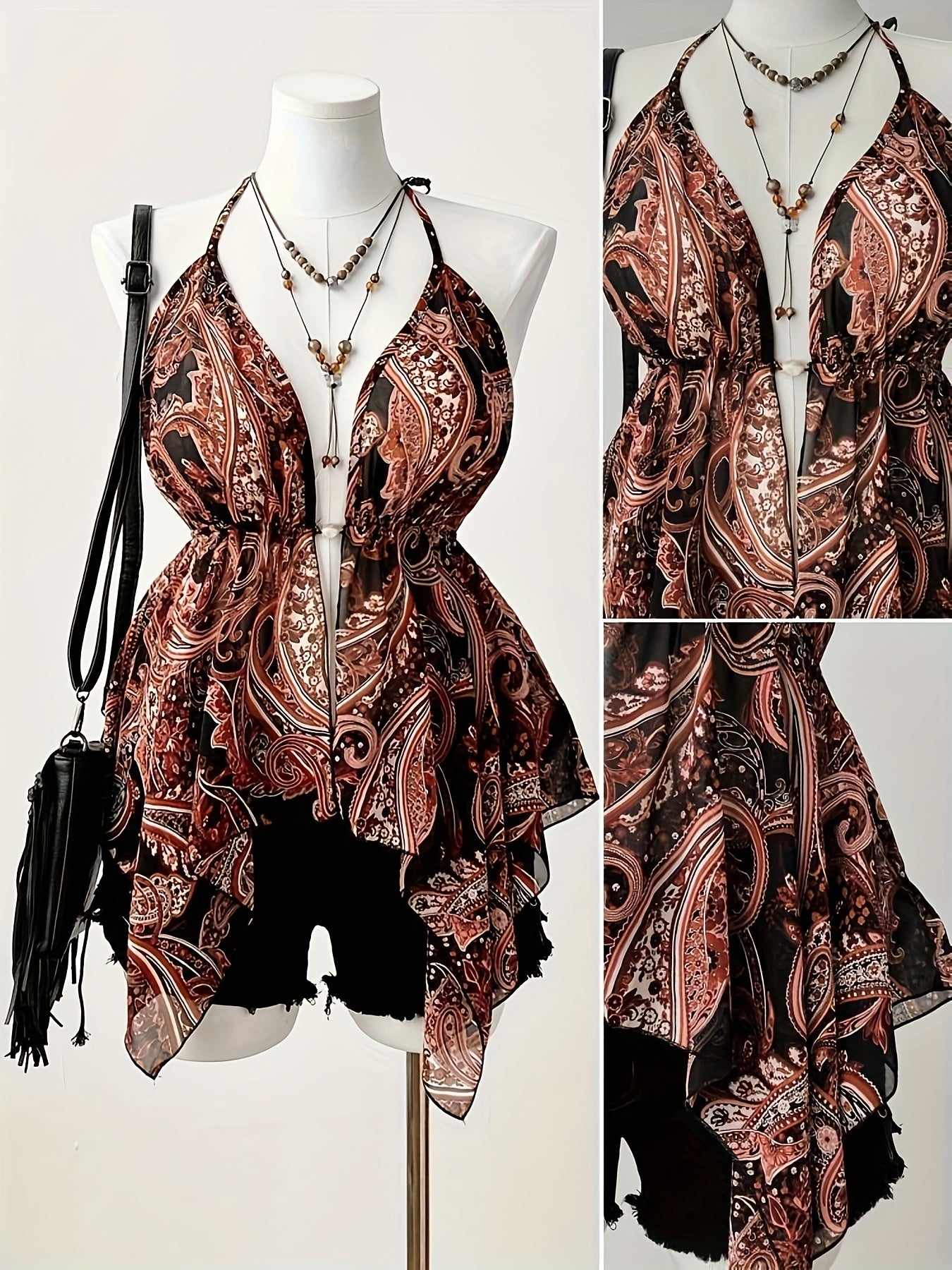 Plus Size Women's Beaded Spaghetti Strapless Top V-Neck Geometric Pattern