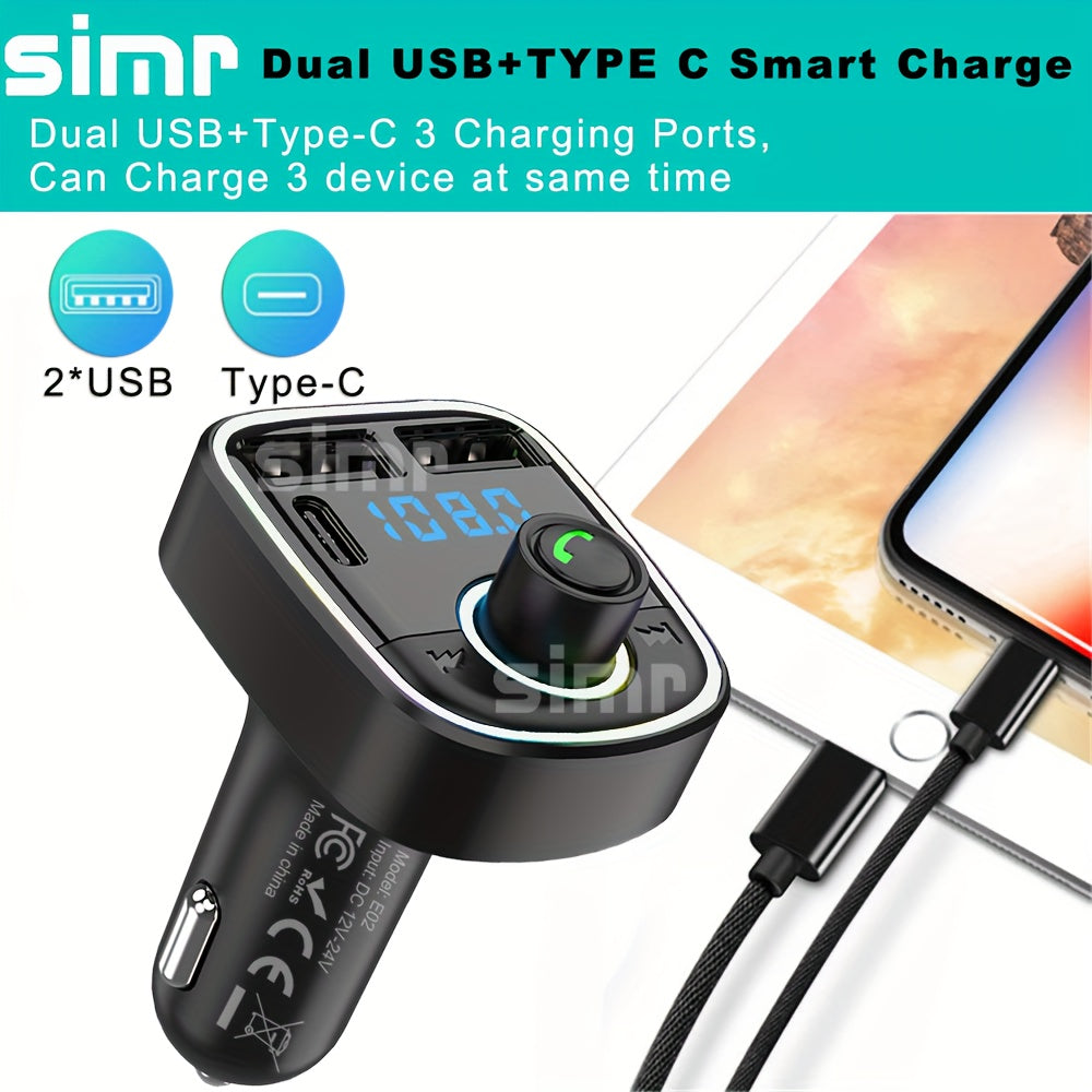Wireless Car FM Transmitter with TF Card USB-C Dual Charging Hands-Free
