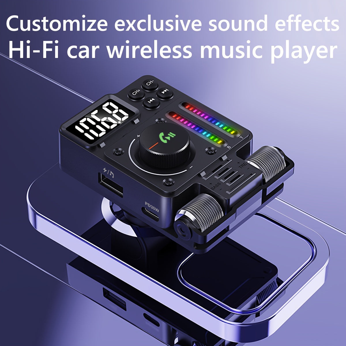 Wireless FM Transmitter for Car, Adjustable Treble and Bass, 30W Fast Charging