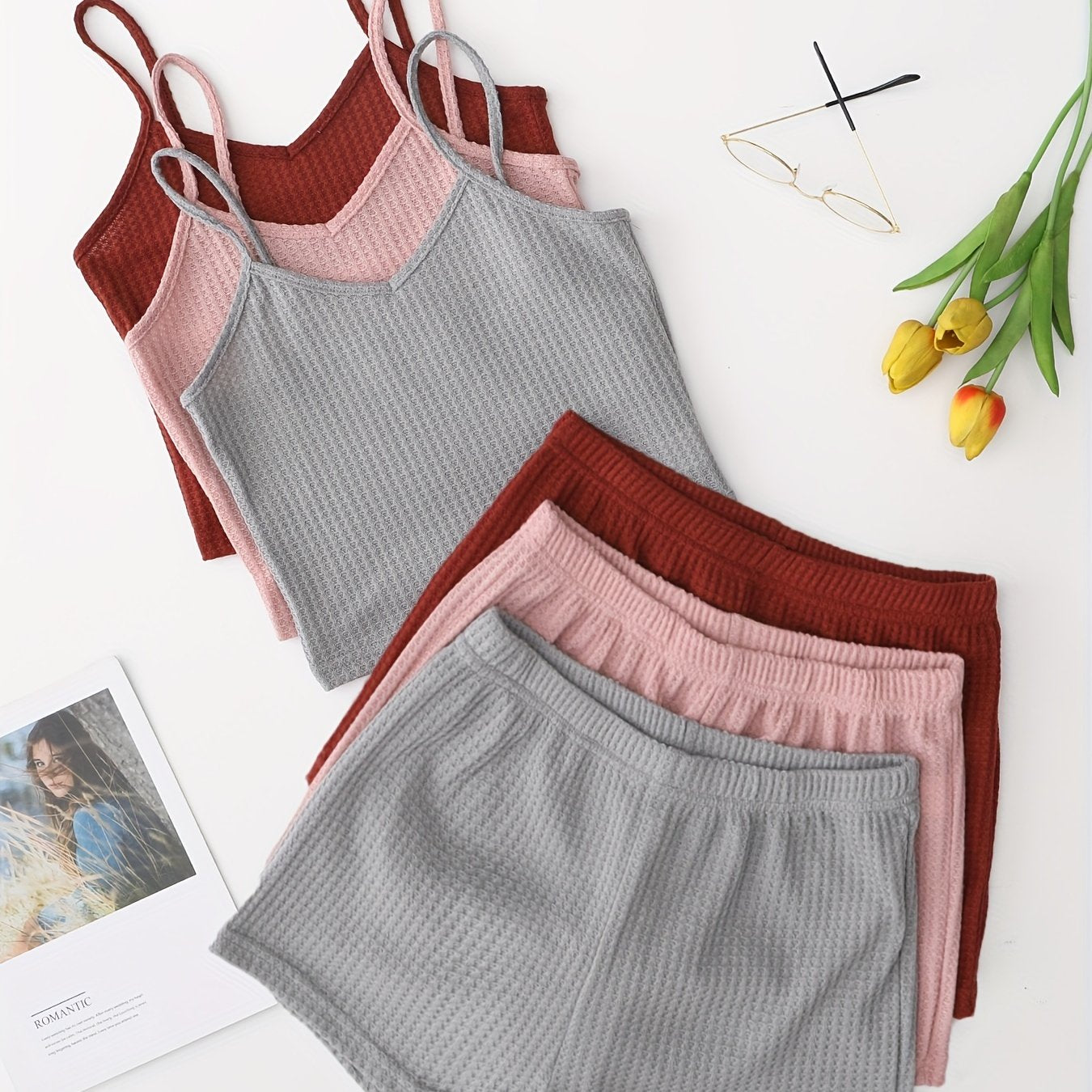Women's Waffle Lounge Set Camisole Top Shorts Elastic Waist Casual Sleepwear