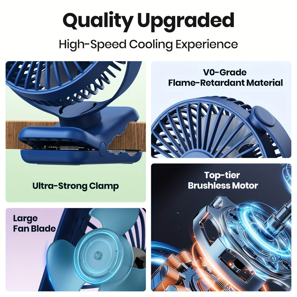 Portable USB Clip-On Desk Fan with Brushless Motor, Quiet Operation, Adjustable Clamp