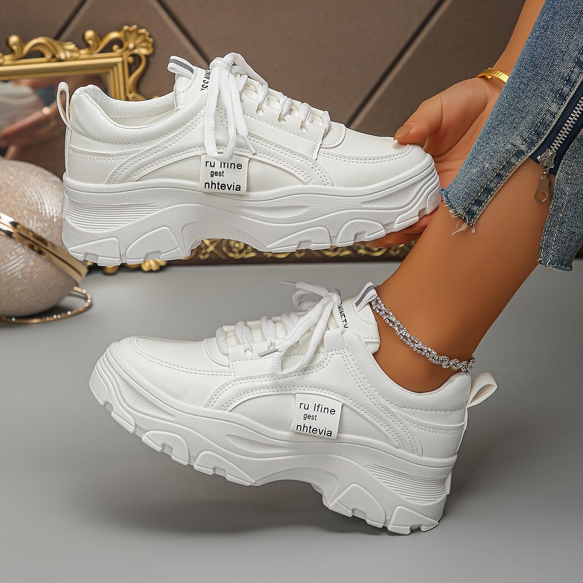 Women Chunky Sneakers Lightweight Breathable Casual Shoes White Low Top