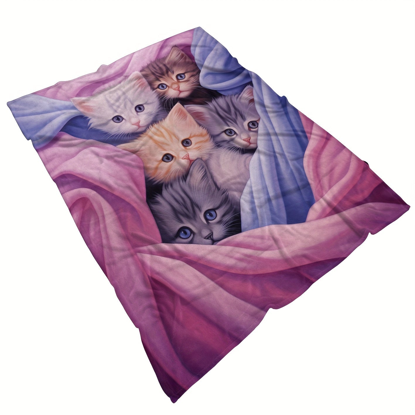 Blue and Pink Flannel Kitten Blanket Soft Warm Lightweight for Sofa Bed Travel