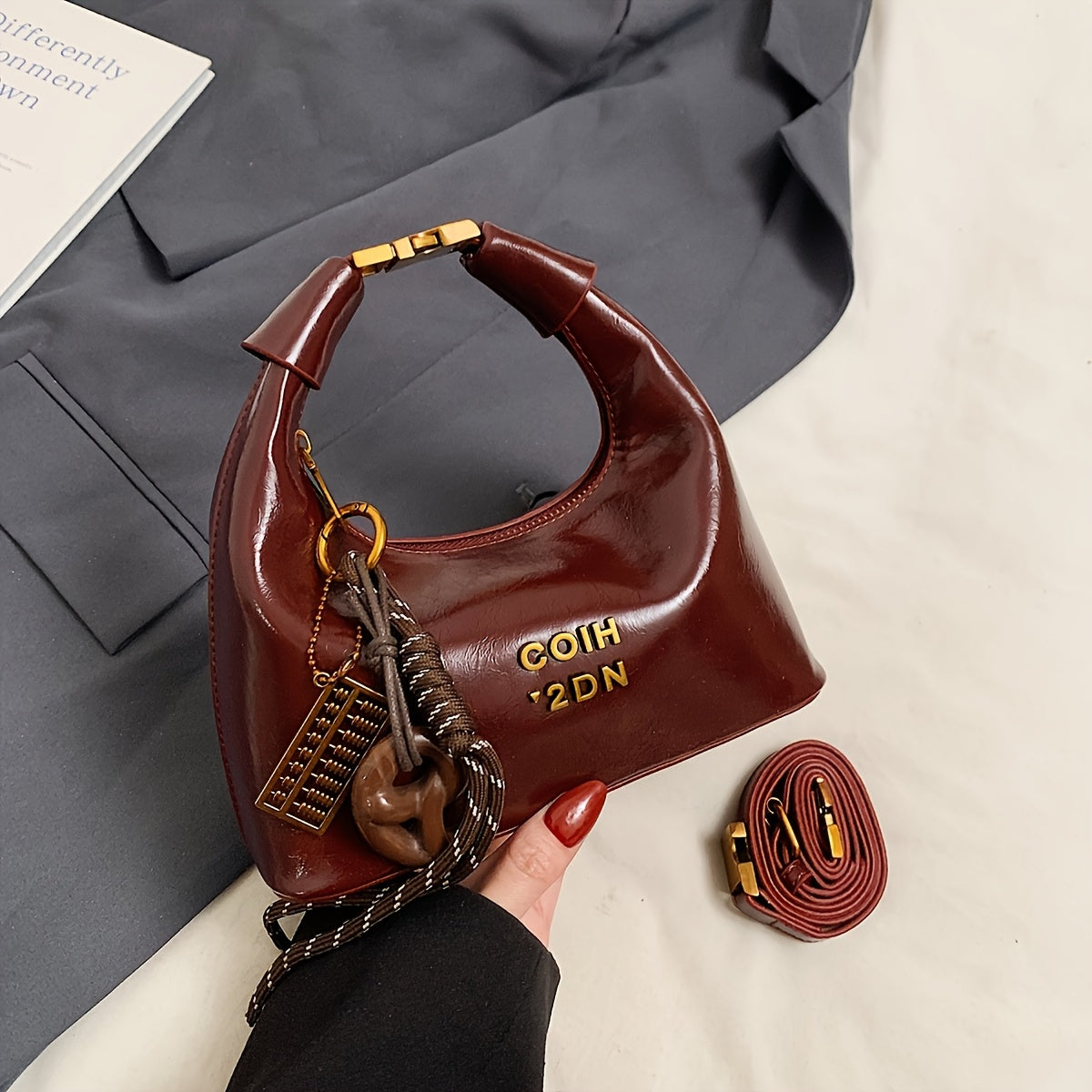 Retro Style Crossbody Bag for Women with Glitter Accents Zipper Closure Detachable Strap in Red and Black