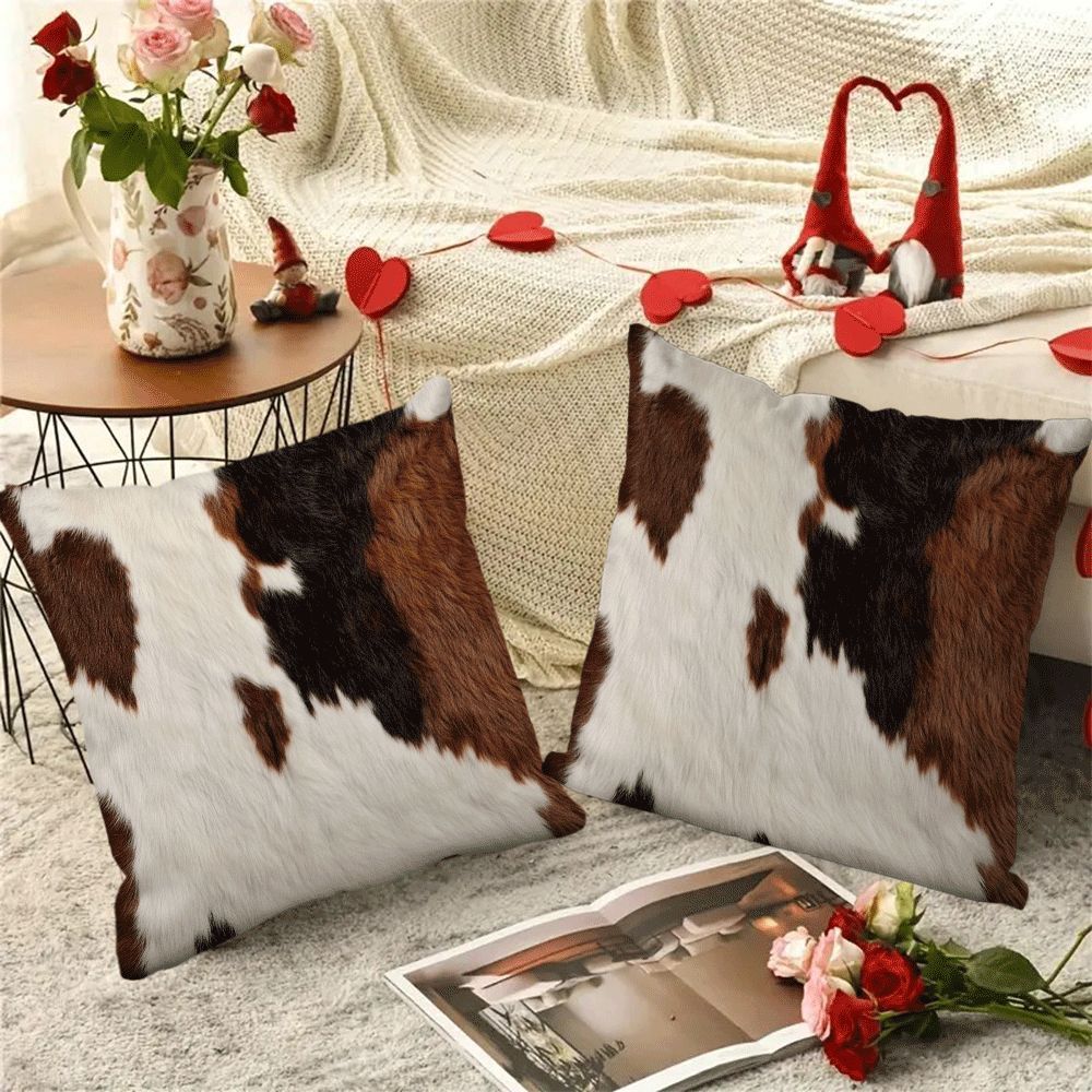 Set of 2 Farmhouse Cowhide Print Pillow Covers 45.72x45.72 cm Flannel Zipper Closure