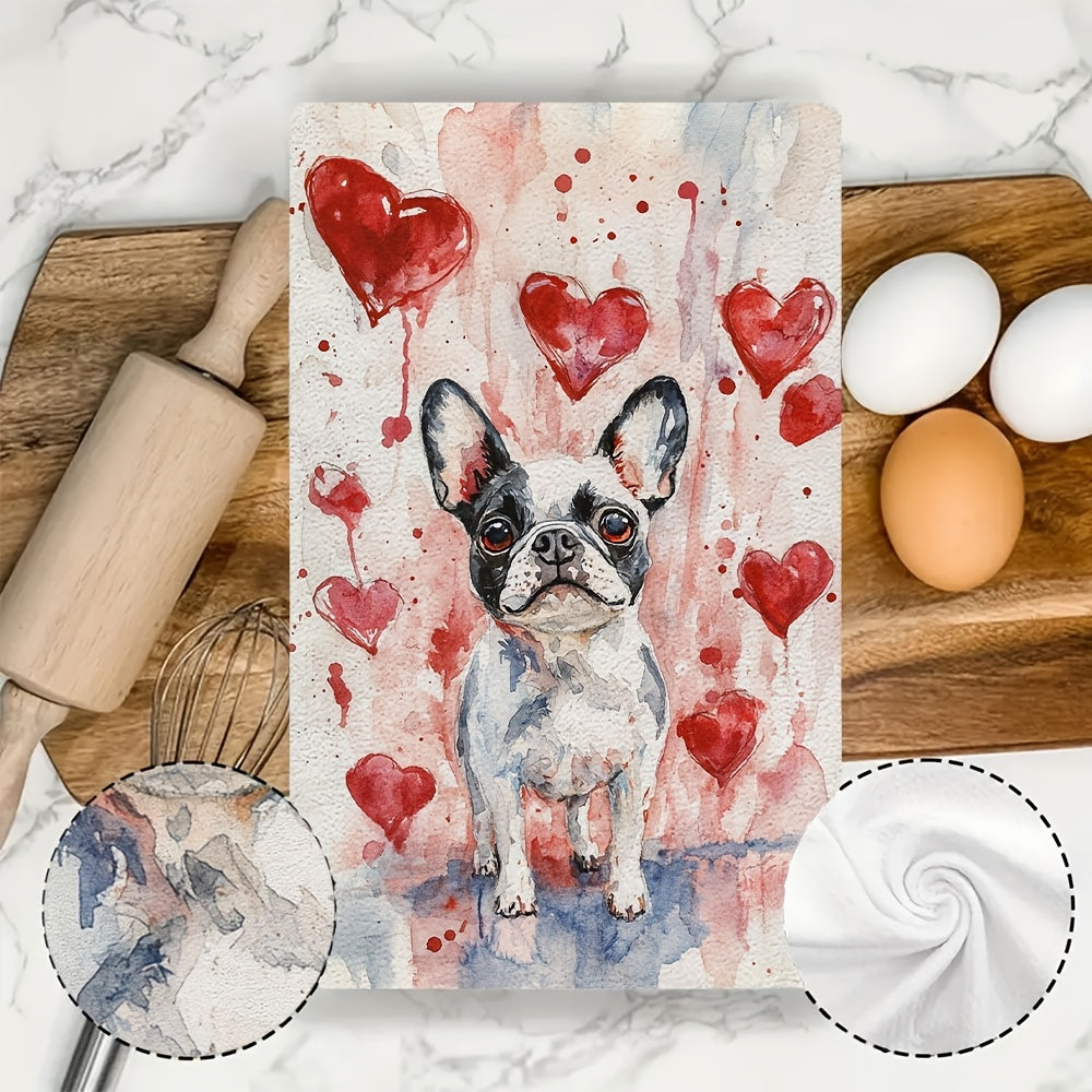 Two Pieces Kitchen Towels French Bulldog Heart Design Absorbent Quick-Drying