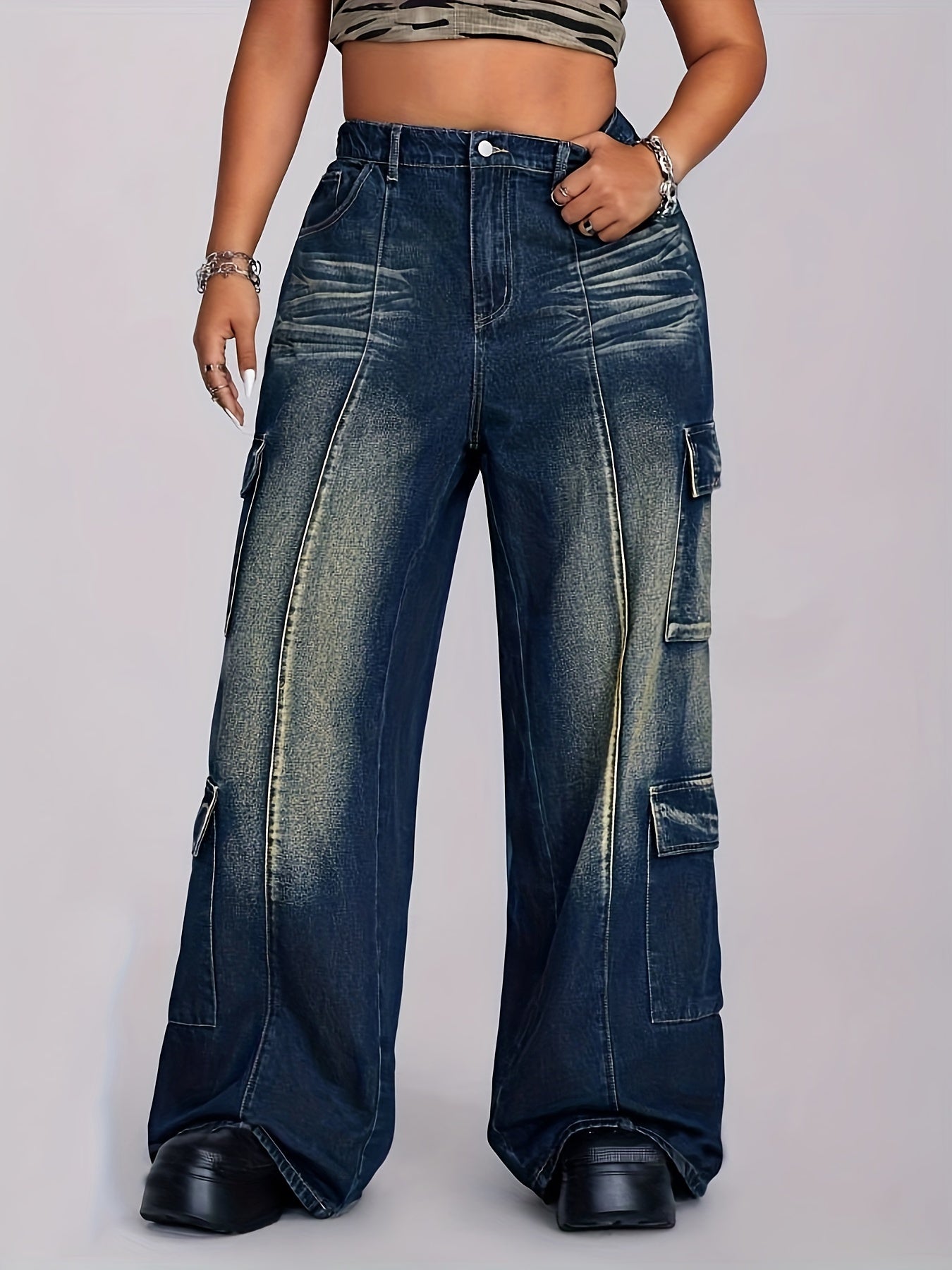 Plus Size Cargo Jeans Relaxed Fit Wide-Leg Denim Pants Casual All-Season
