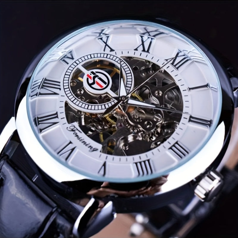 Men's Mechanical Watch with Hollow Design and Leather Strap for Young Men