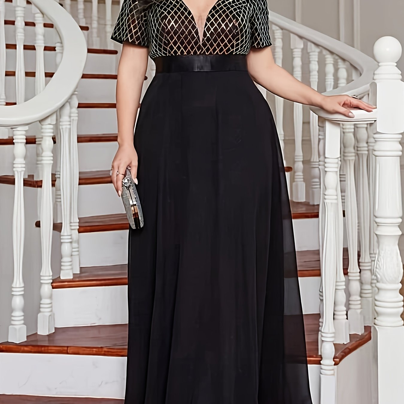 Plus Size Black Geometric Sequin Dress for Weddings and Parties