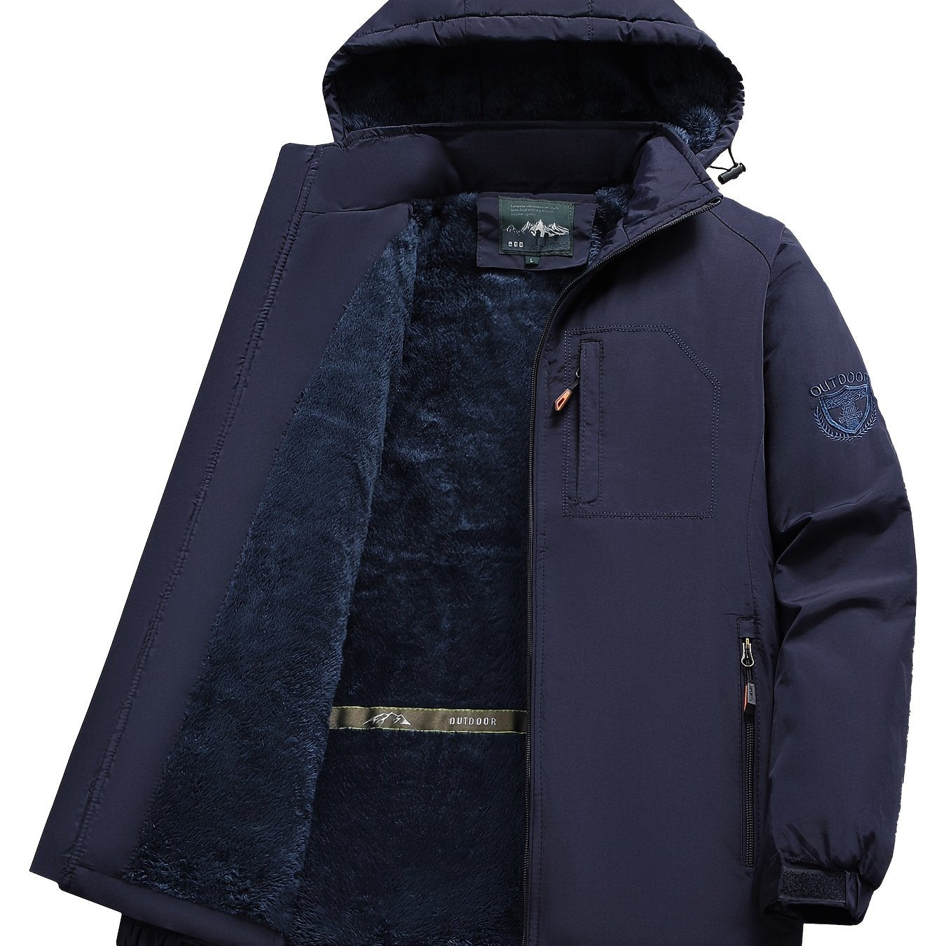 Men's Fleece-Lined Outdoor Jacket Hooded Zipper Pocket Casual Winter Mountaineering