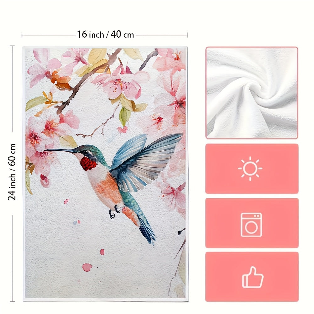 Set Of 2 Ultra Soft Kitchen Towels With Hummingbird Blossom Design 40x60cm