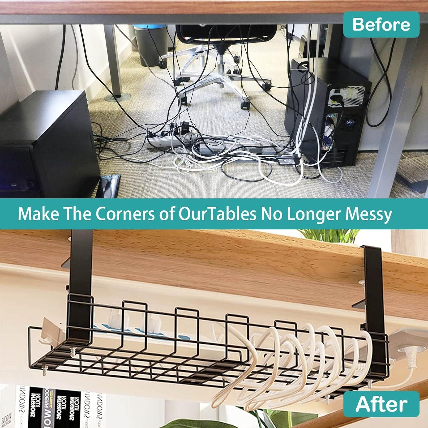 2/3 Cable Management Trays No Drilling Metal Wire Organizer for Desk