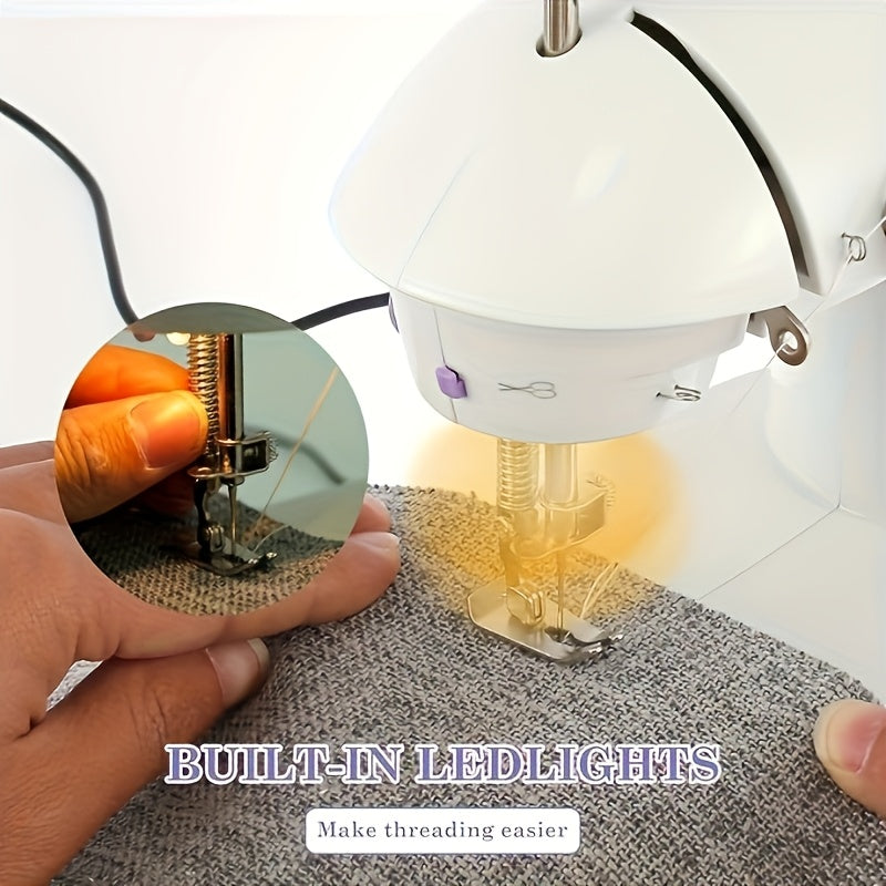 MOOYE Mini Elektr tikuv mashinasi oq rangda, binafsha aksentlar bilan, Evropa voltaji. Aksessuarlar va boshlovchilar uchun hunarmandchilik asboblari bilan birga. Uyda foydalanish uchun mukammal.