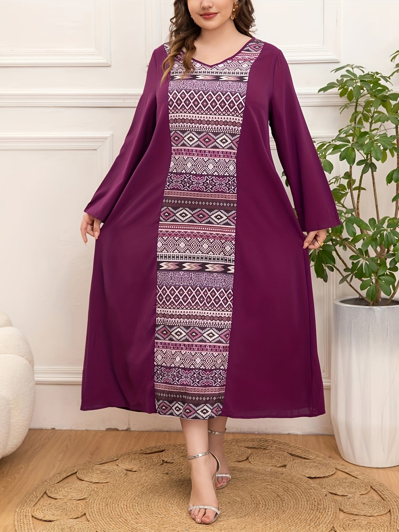 Women's Plus Size V-Neck Tunic Dress Polyester All-Season Loose Fit