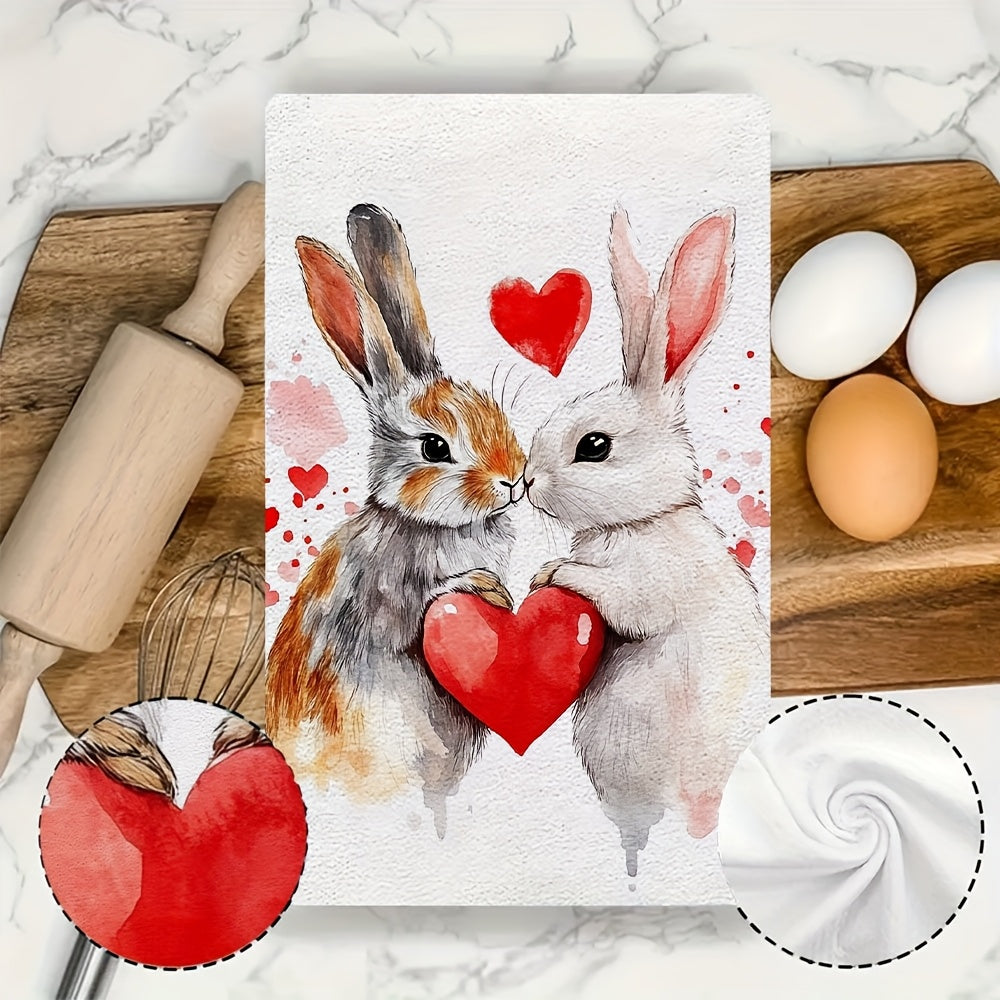 Valentine's Day Kitchen Towels Set 2 Ultra Soft Absorbent Bunny Heart Design