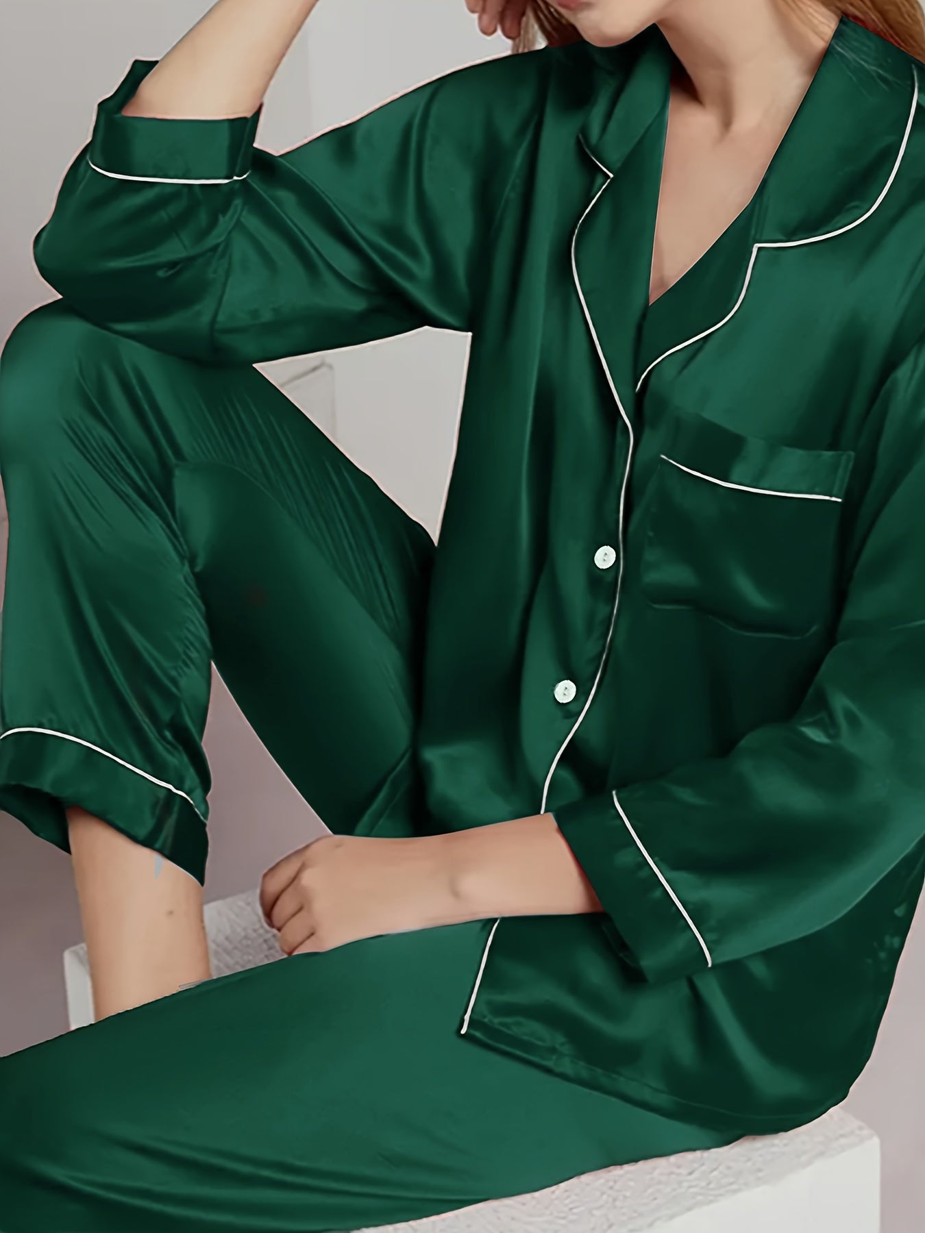 Women's Color Cardigan Pajama Set for Autumn with Long Sleeve Solid Pattern Polyester Elastane