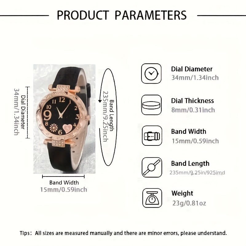 6 ta ayollar uchun sun'iy charm bilan ta'minlangan soat va yurak va olmosli zargarlik buyumlari to'plami