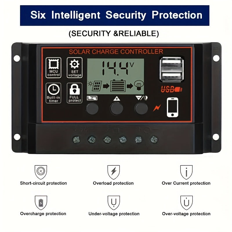Солнечный контроллер заряда с ЖК-дисплеем, двойным USB-выходом, регулируемым таймером и многоуровневой системой защиты для эффективного производства энергии. Жестко подключаемый источник питания без необходимости в аккумуляторе.