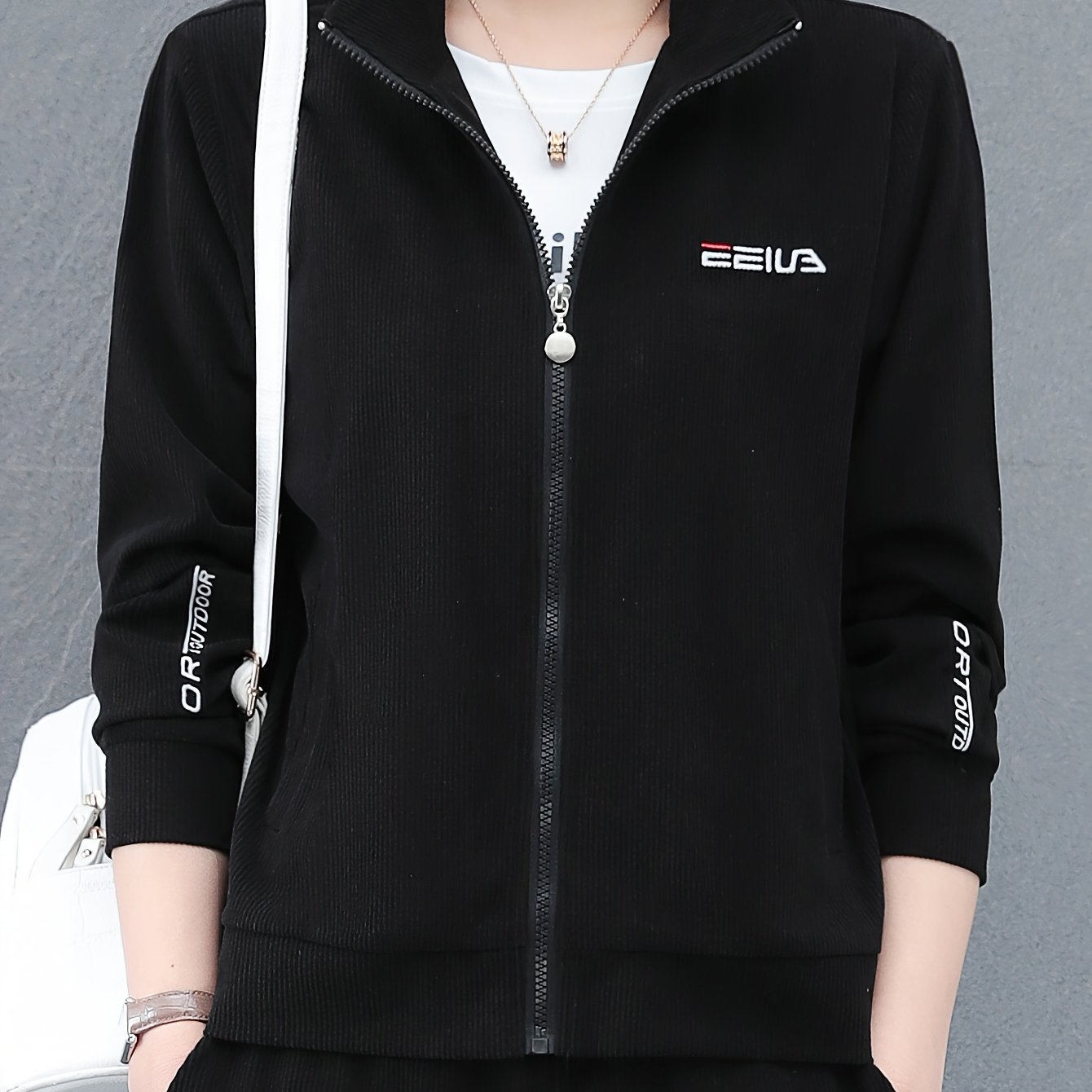 Women's Plus Size Olive Green Corduroy Jacket Casual Zip-Up Outerwear