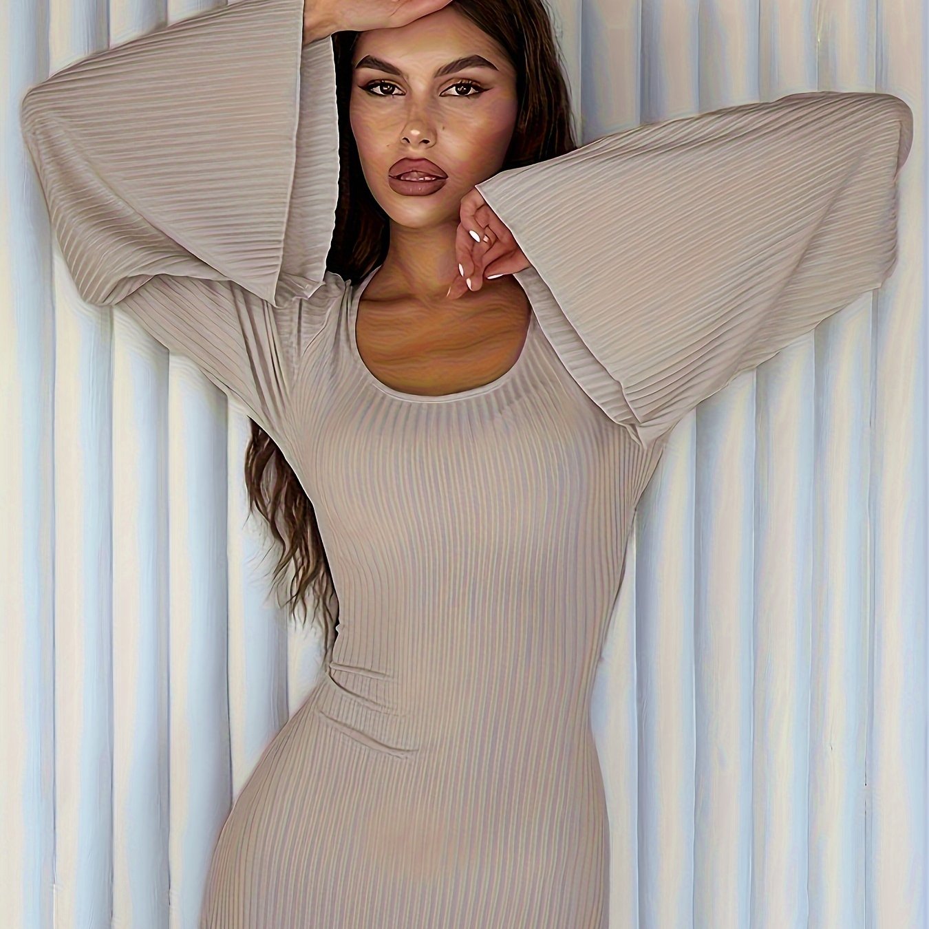 Women's Solid Color Ribbed Knit Dress with Long Bell Sleeves and Back Tie