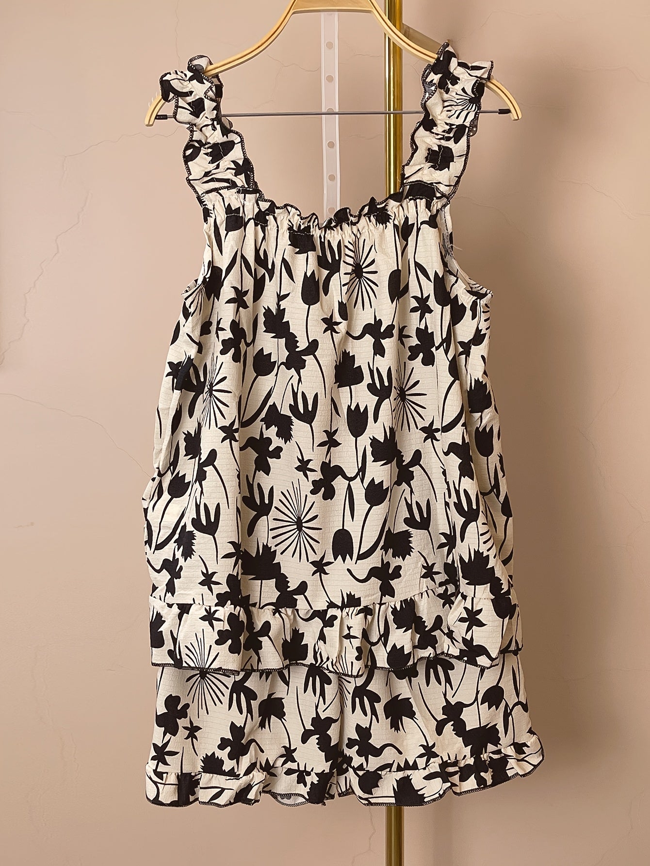 Conjunto de pijama de verano con flores para mujer, poliéster, sin mangas, con volantes, pantalones cortos y textura de burbuja