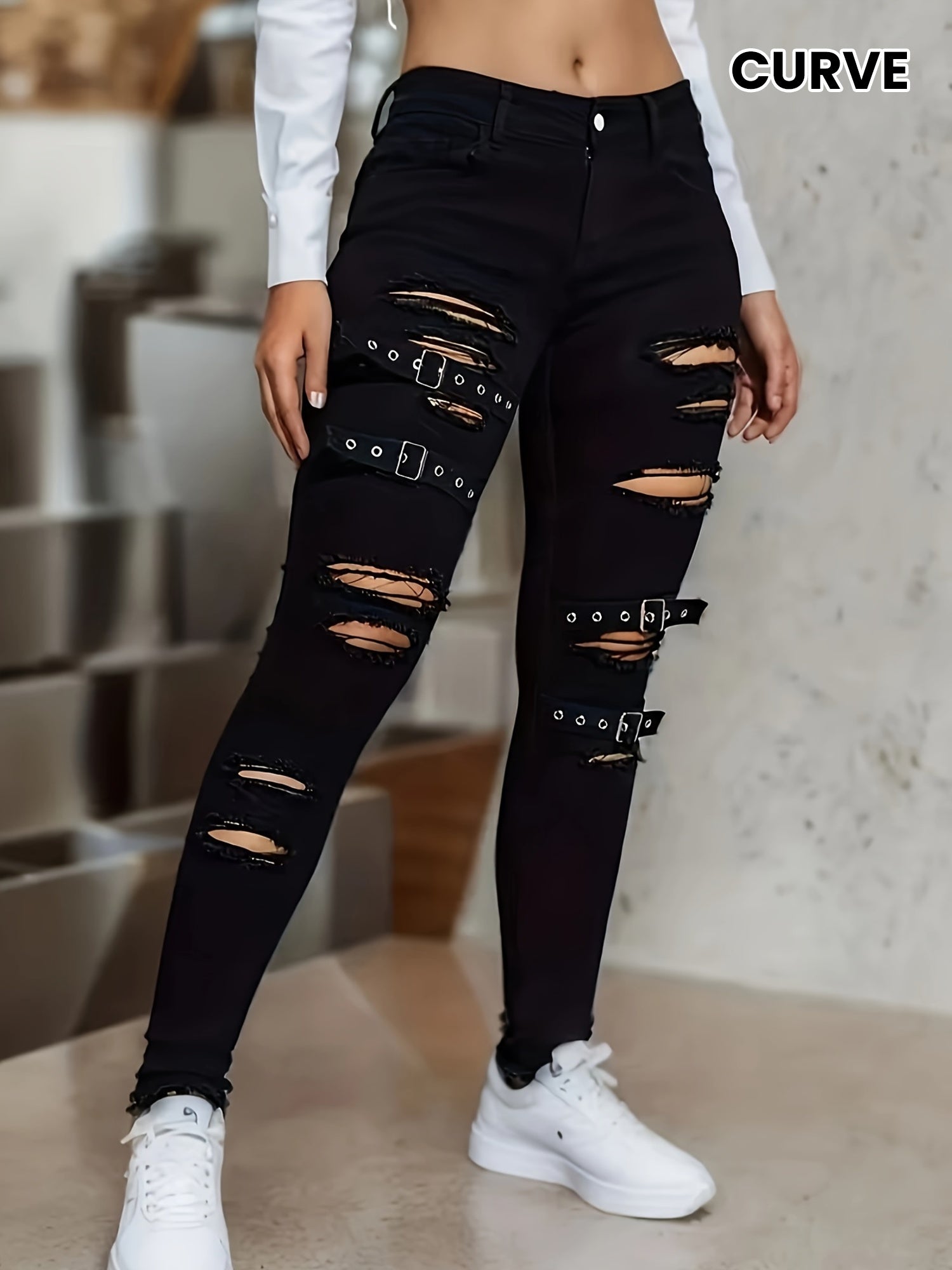 Jeans ajustados de mezclilla para mujer con detalles de hebilla dividida negro primavera otoño