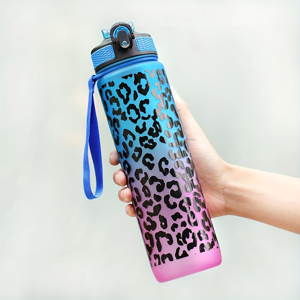 32oz Leopard Print Water Bottle with Straw PVC-Free for Running Cycling Fitness