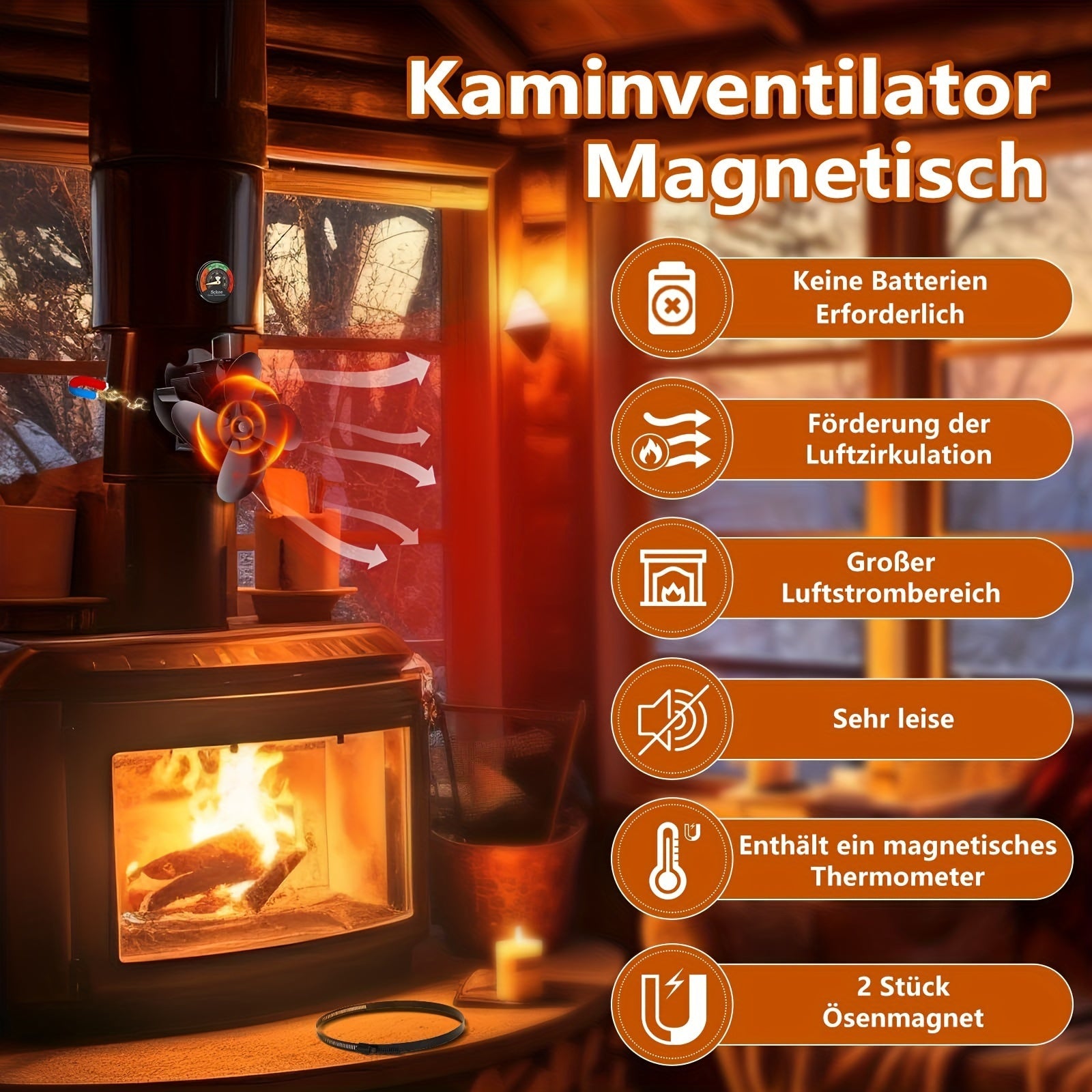 Fireplace Fan with Magnetic Thermometer Non-Electric Quiet Operation for Stoves and Fireplaces