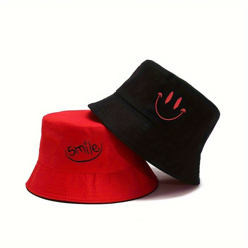 Reversible Bucket Hat for Women and Men with Smiling Embroidery Sun Protection Polyester