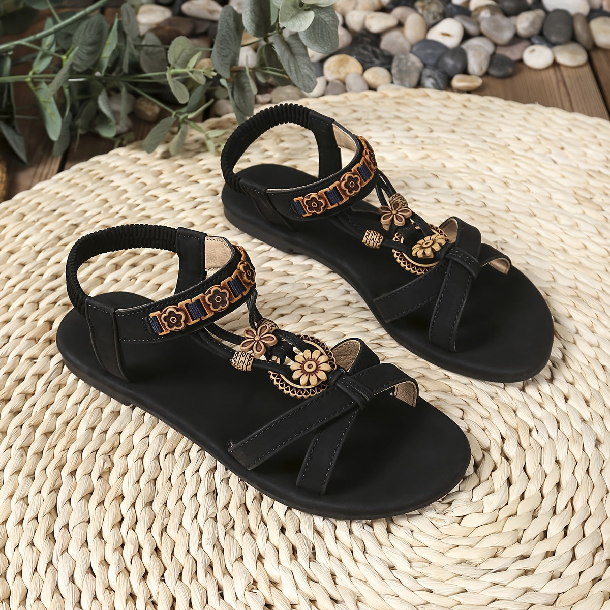 Women's Flat Sandals Beaded Flower Ankle Strap Black Casual Shoes