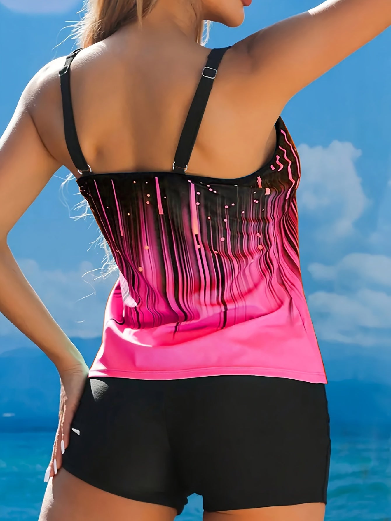 Women's Stretchy Polyester Elastane Tankini Set with Printed Sleeveless Top and Boxer Shorts