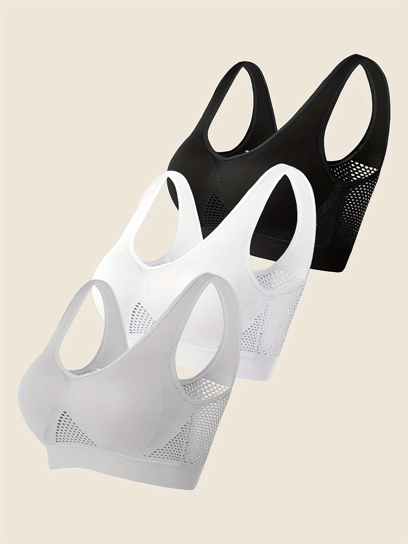 Women's Plus Size Sports Bras Breathable Mesh Wireless Crop Tops Black White 3 Pack