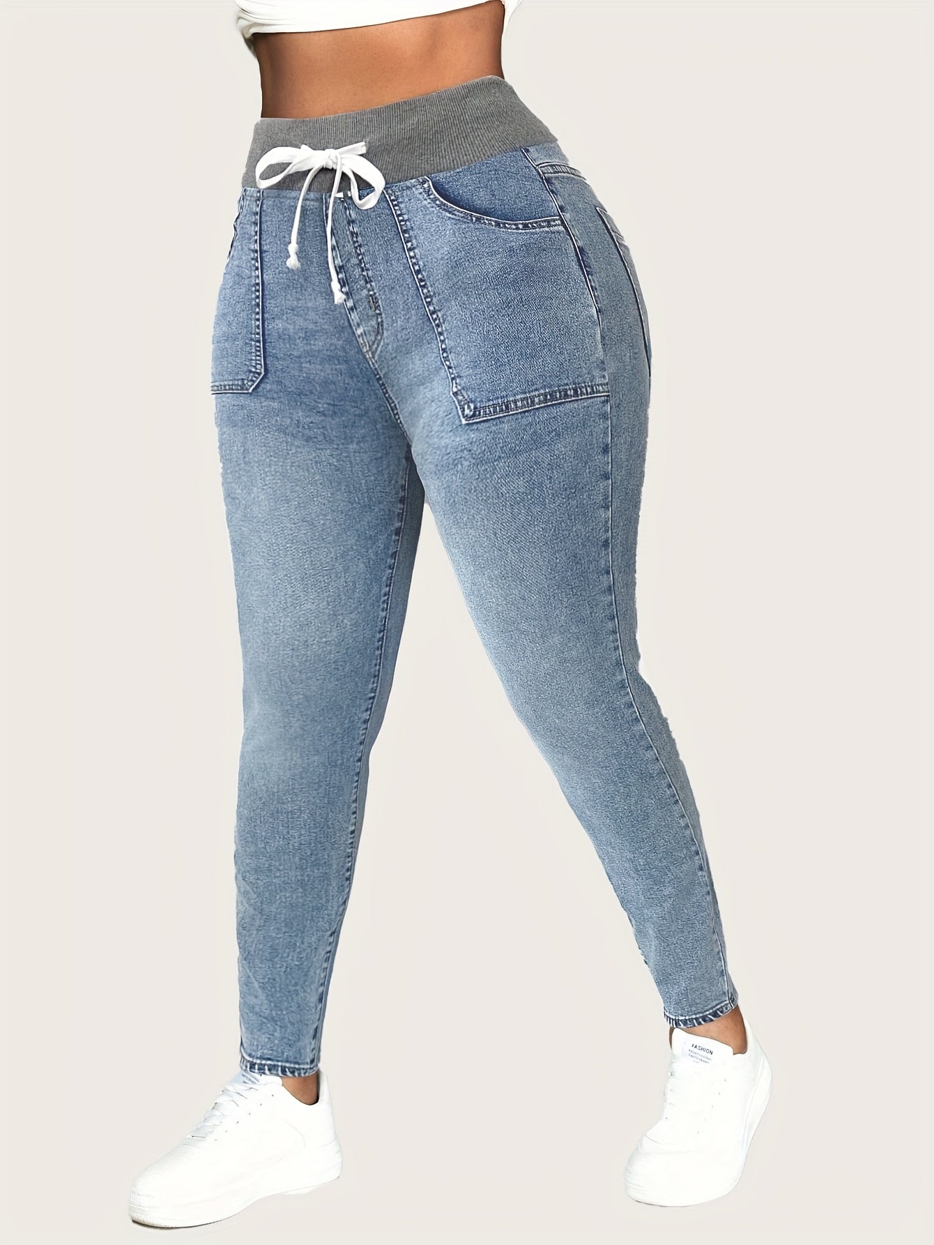 Men's Denim Jeans Slim Fit Wide Ribbed Wide Waistband Casual Stylish