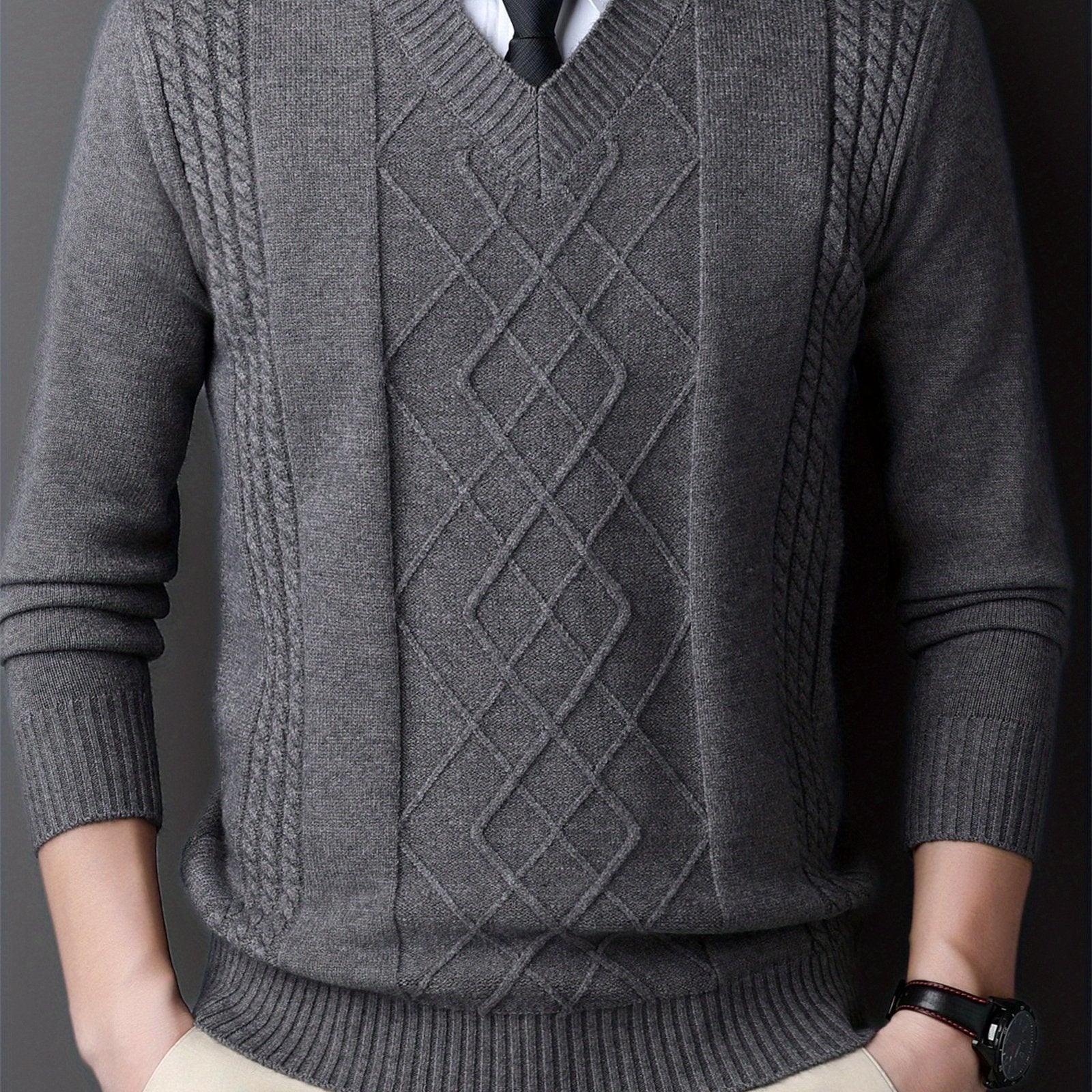 Men's Red V-Neck Sweater with Diamond Pattern Knit Long Sleeve Fall Winter Layering