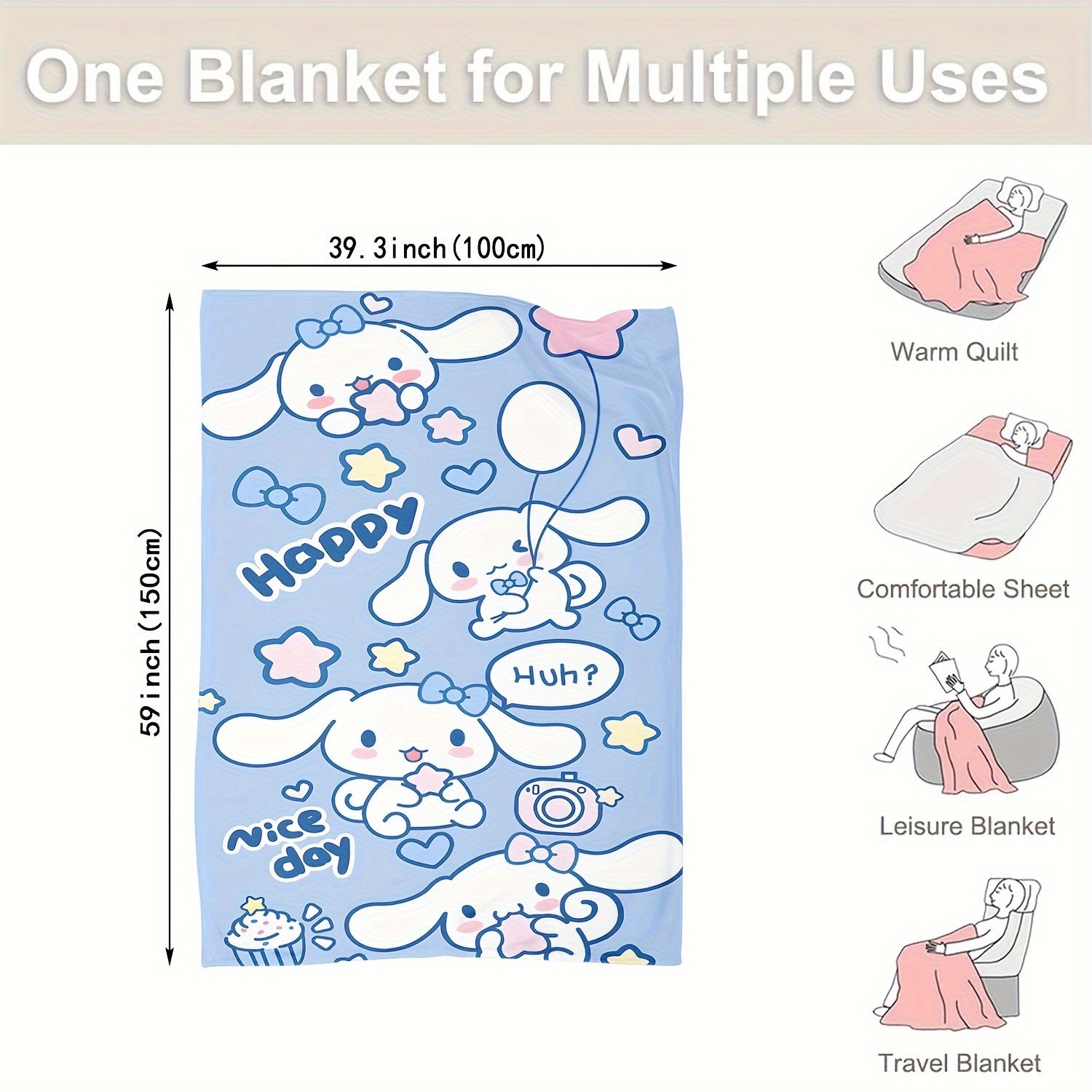 Soft Warm Cinnamoroll Plush Flannel Throw Blanket Cozy Cartoon Print for Bedroom Living Room Camping