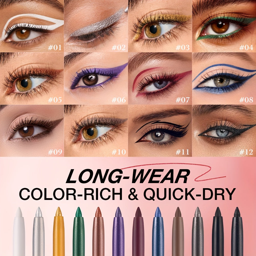 Women Eyeliner Gel Pen 12 Colors Long-Lasting Waterproof Smudge-Proof Brown