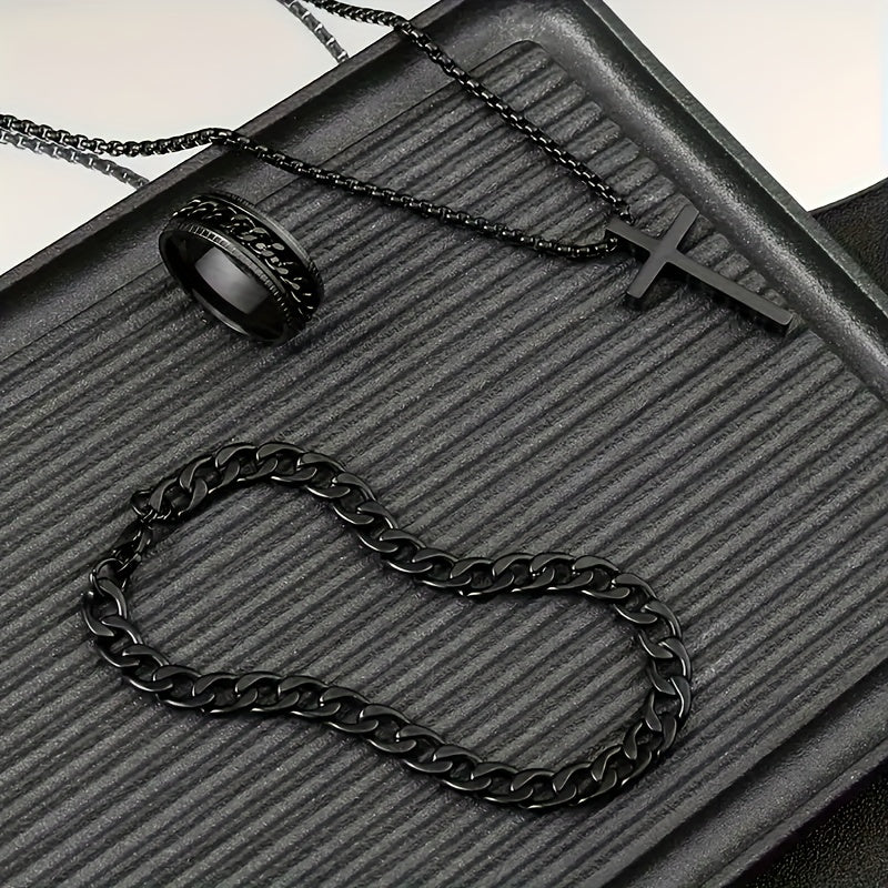 Hip-Hop Punk Style Men’s Jewelry Set Stainless Steel Necklace Bracelet Ring Cuban Link