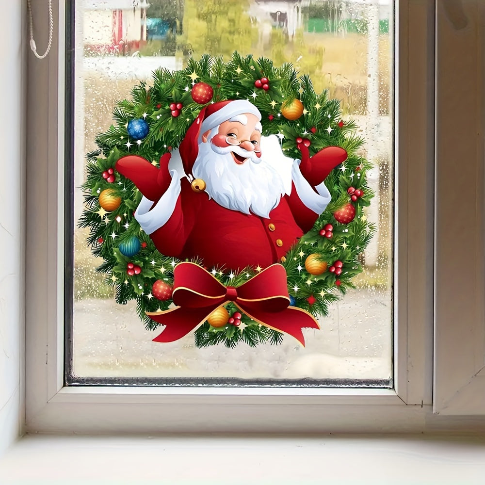 Modern Santa Claus Wreath Window Stickers Reusable PVC Holiday Decor