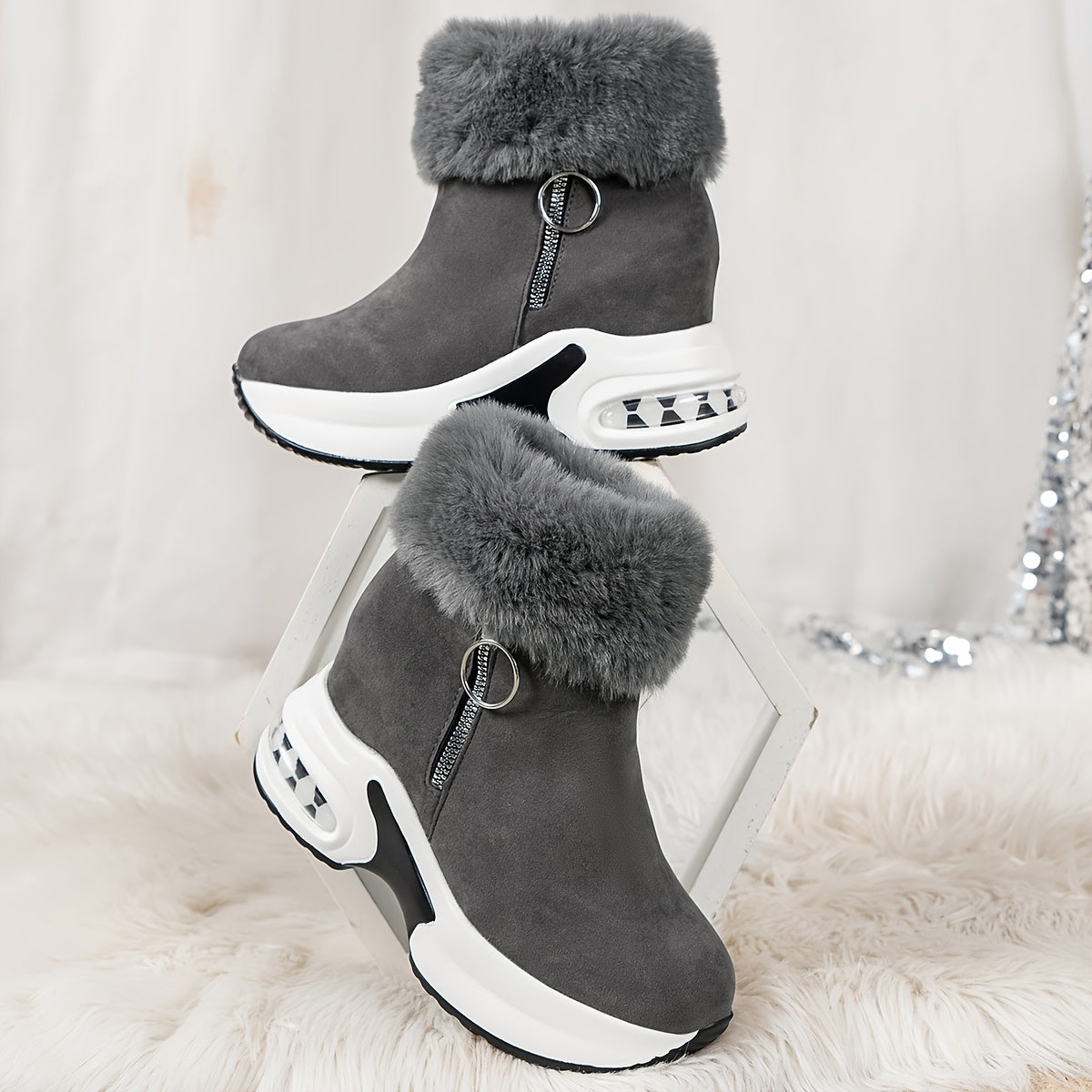 Women's Chunky Platform Boots Black Winter Shoes Non-Slip Heeled Shoe