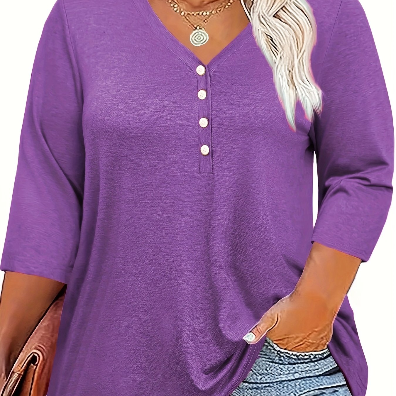 Women's V-Neck T-Shirt with Buttons Solid Color Polyester Spandex Pullover