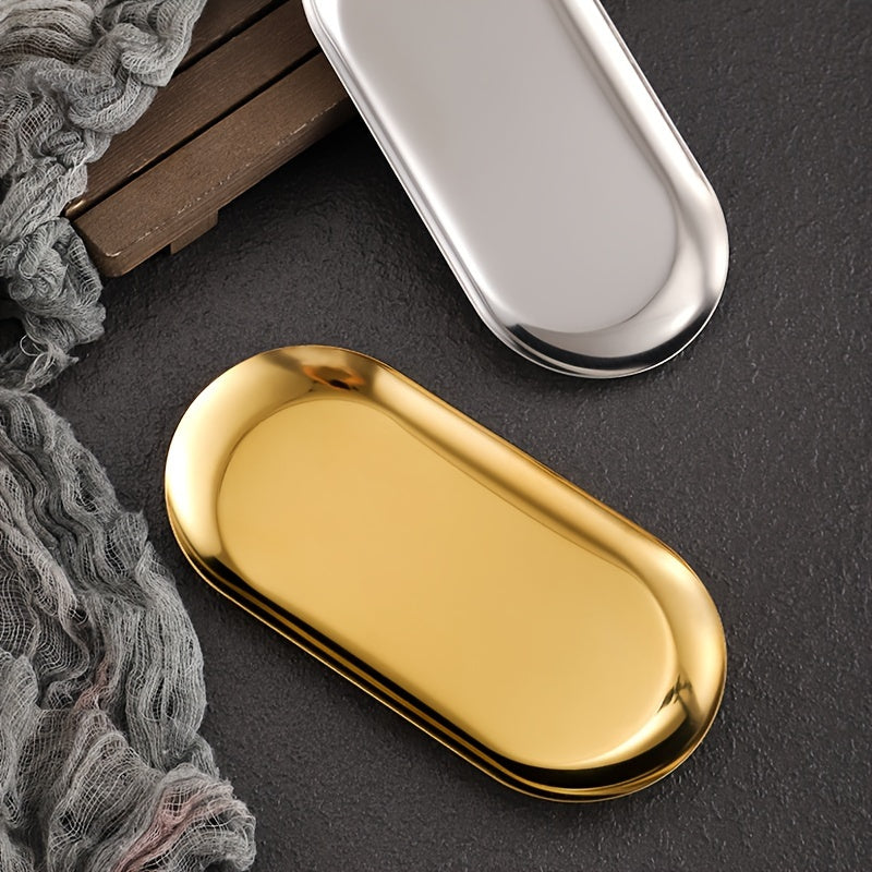 Organizador de bandeja de acero inoxidable dorado para maquillaje, perfume, joyas y decoración de baño
