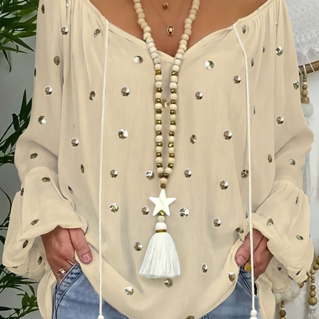 Polka Dot Tie Neck Blouse for Plus Size Women Long Sleeve Woven Polyester Spring Fall