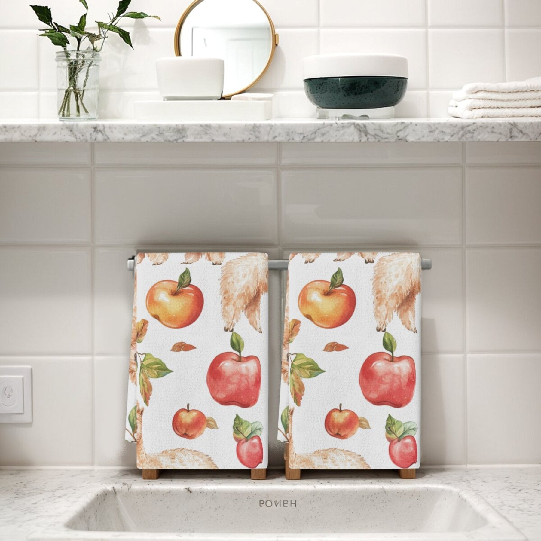 Set of 2 Alpaca and Apple Print Dish Towels, Polyester, Floral Kitchen Towels