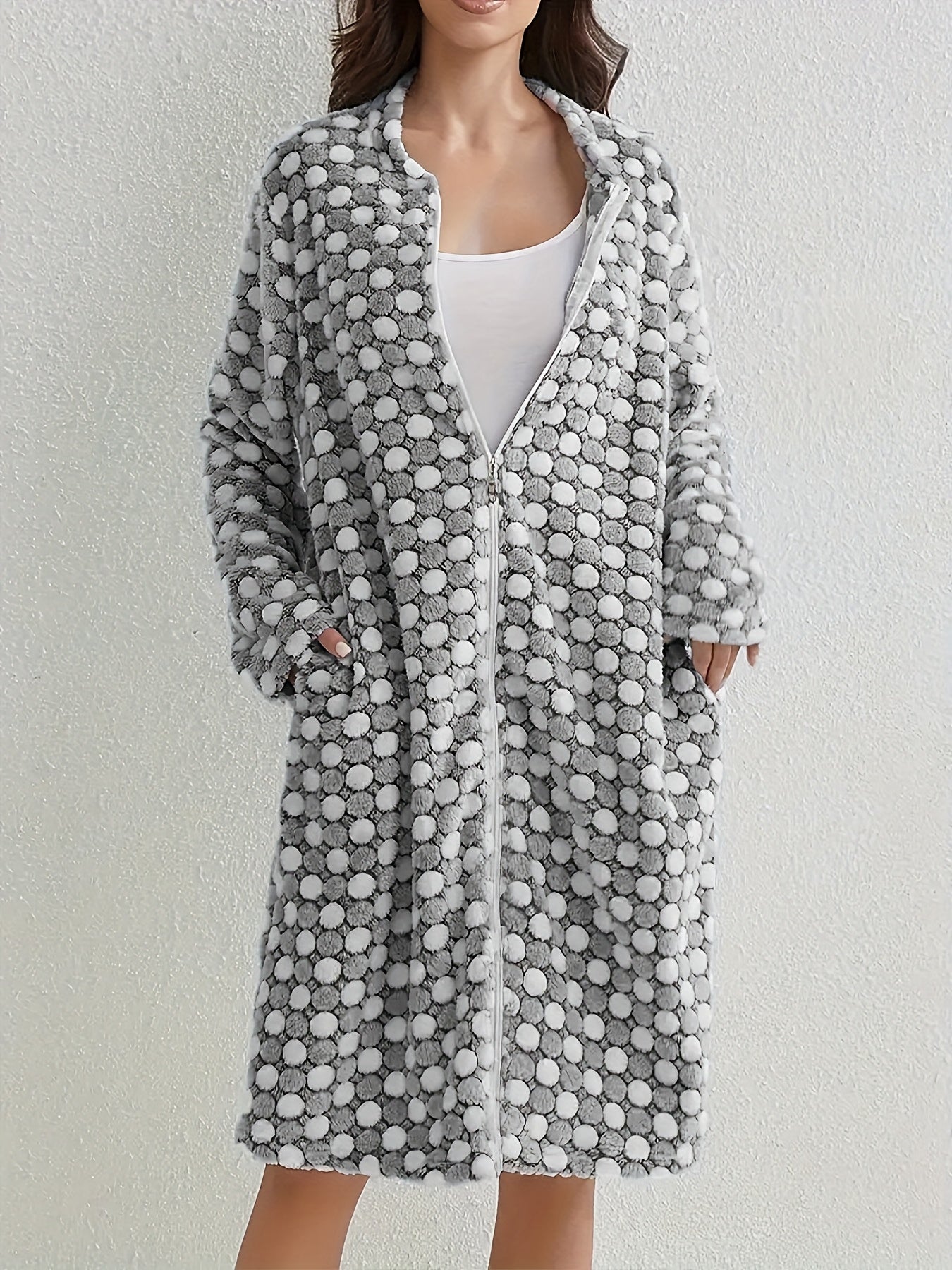 Women's Flannel Sleep Robe with Zipper Pockets Long Sleeve Checkered
