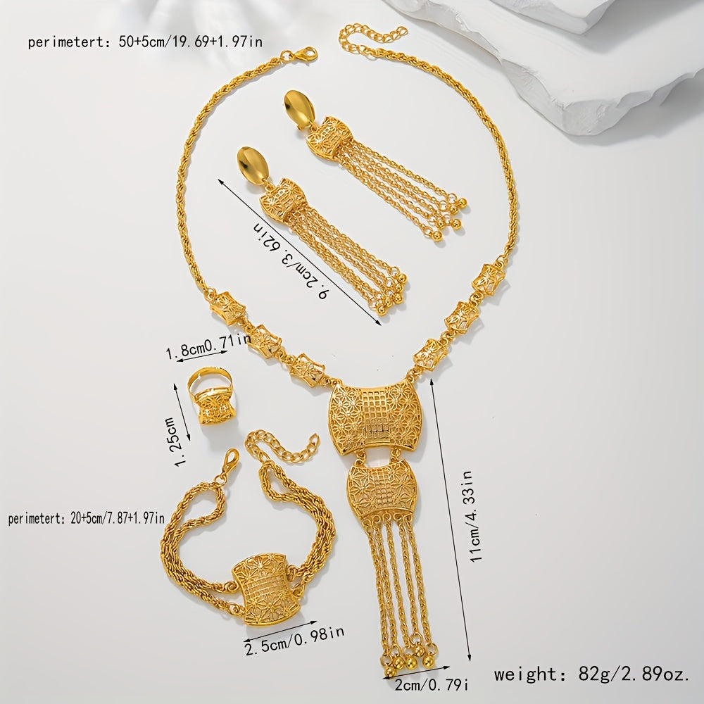 An'anaviy kelin zargarlik to'plami 5 dona: uzuk, marjon, bilaguzuk, taqinchoq. Har kuni kiyimlarga mos keladigan klassik bo'sh gul dizayni bilan qoplangan.