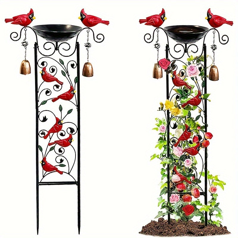 Outdoor Metal Tall Birdbath with Cardinal Statue and Removable Iron Pots