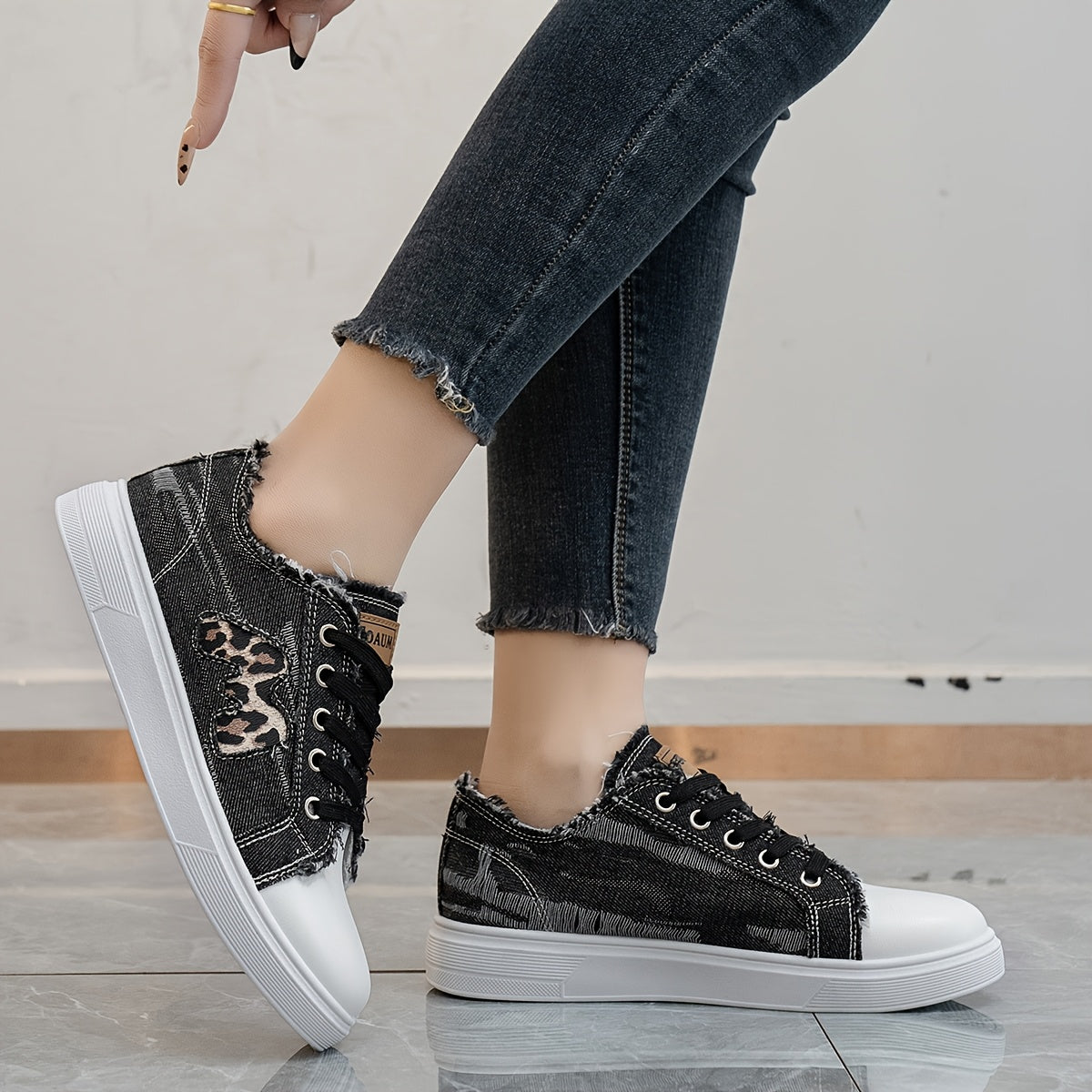 Women's Faux Denim Sneakers with Leopard Print, Breathable Fabric, All-Season Comfort