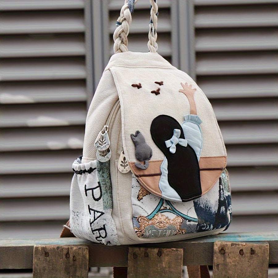 Mochila de estilo bohemio con estampados coloridos de gatos y gansos para uso casual