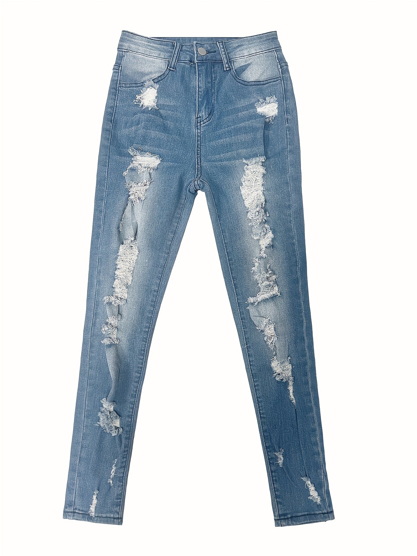 Женские узкие рваные джинсы с низкой посадкой и высокой эластичностью из однотонного денима