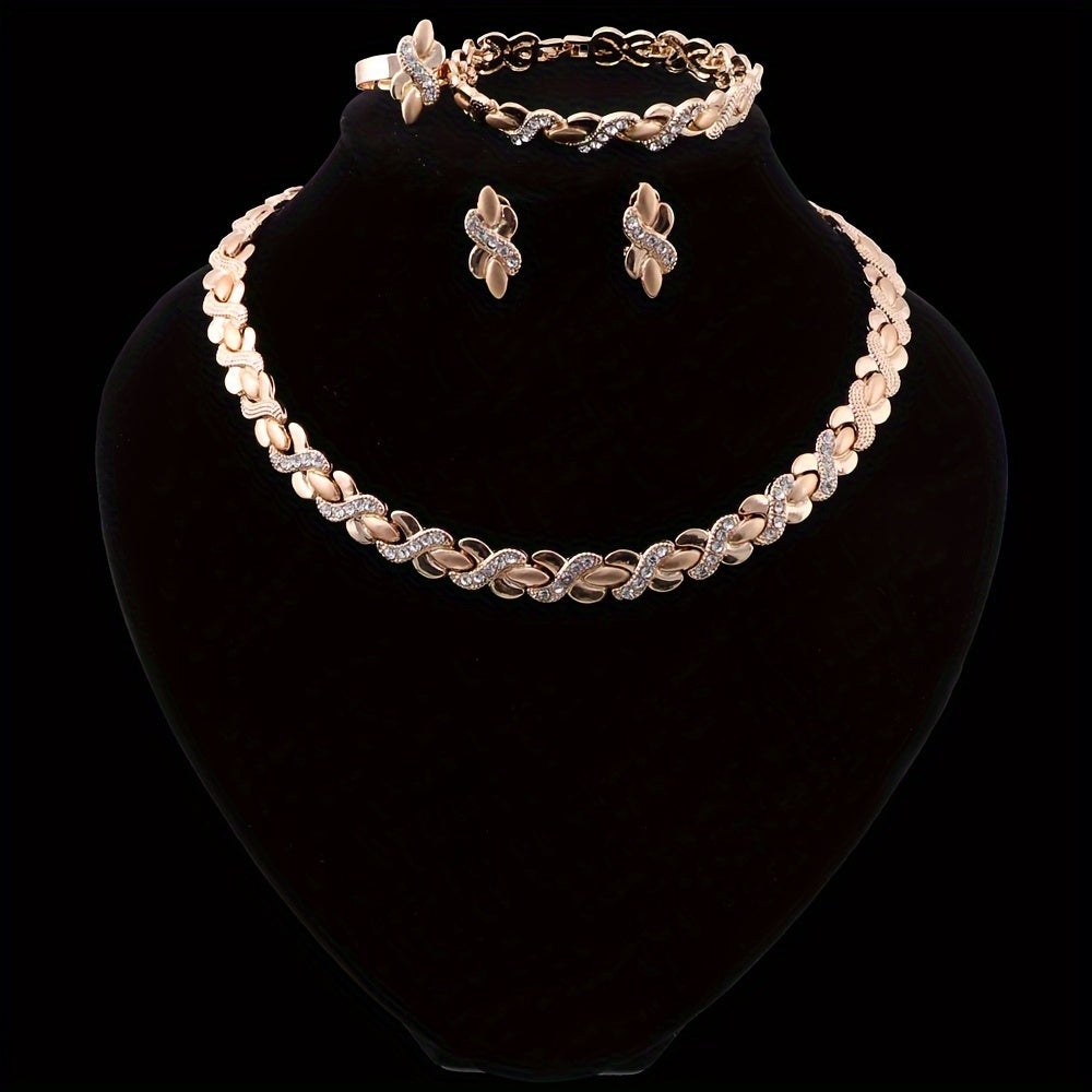 Conjunto de joyería en tono dorado para mujer: collar, pendientes, pulsera y anillo para bodas y eventos